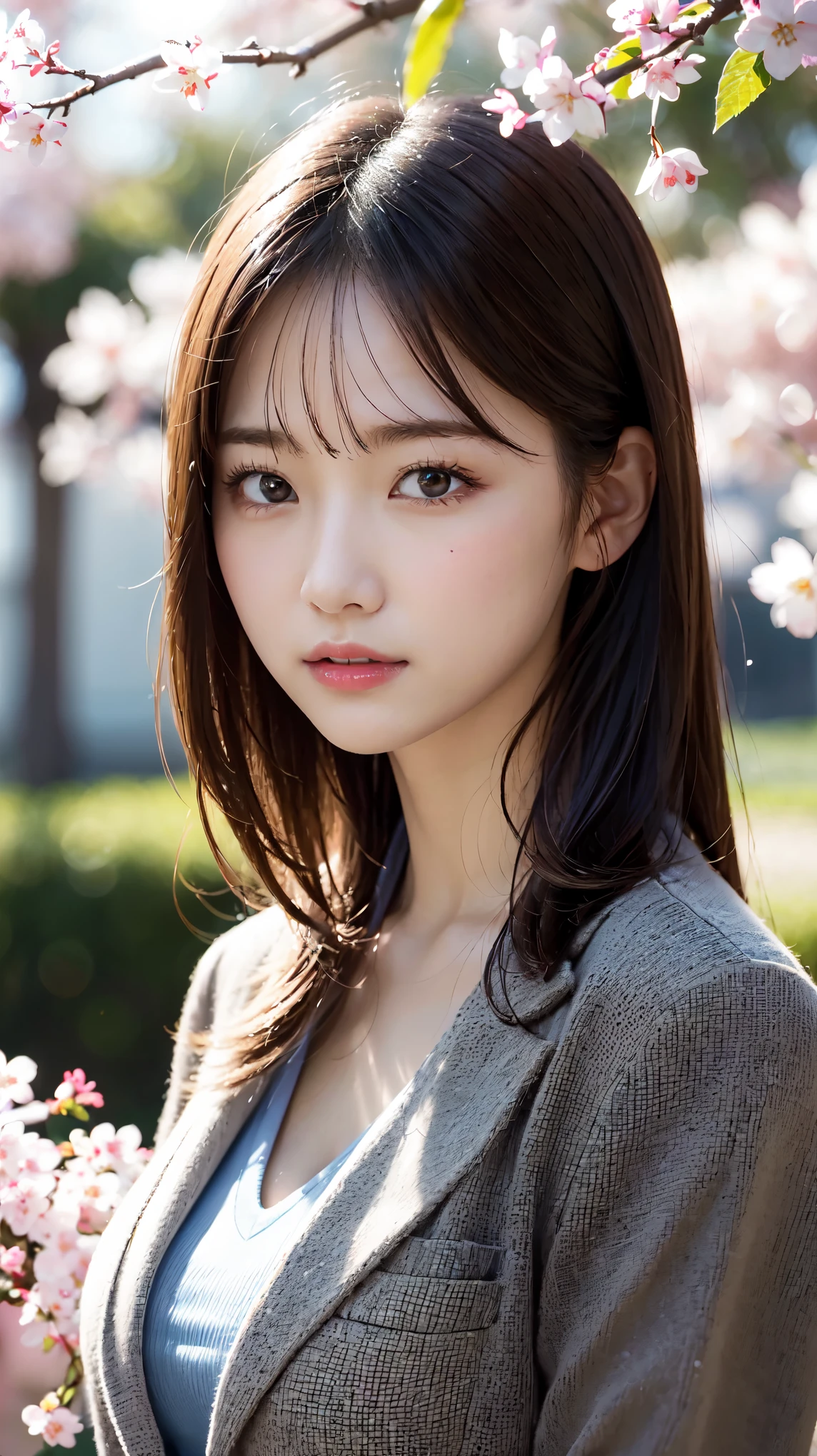 graduation ceremony、high school girl、uniform 、blazer、Rows of cherry blossom trees in full bloom、Cherry blossom confetti、perfect proportions、cute、(big breasts:1.2)、((18 year old female:1.2))、若い愛らしい日本人のface, （light_笑face：0.3），official art，Highly detailed CG Unity 8K wallpaper、bright_front_face_lit，（masterpiece:1.0),(highest quality:1.0), 超A high resolution,4k,Super detailed, photo shoot, 8K, nffsw, High resolution, absurd:1.2, film grain, lens flare glow,8K、View viewer