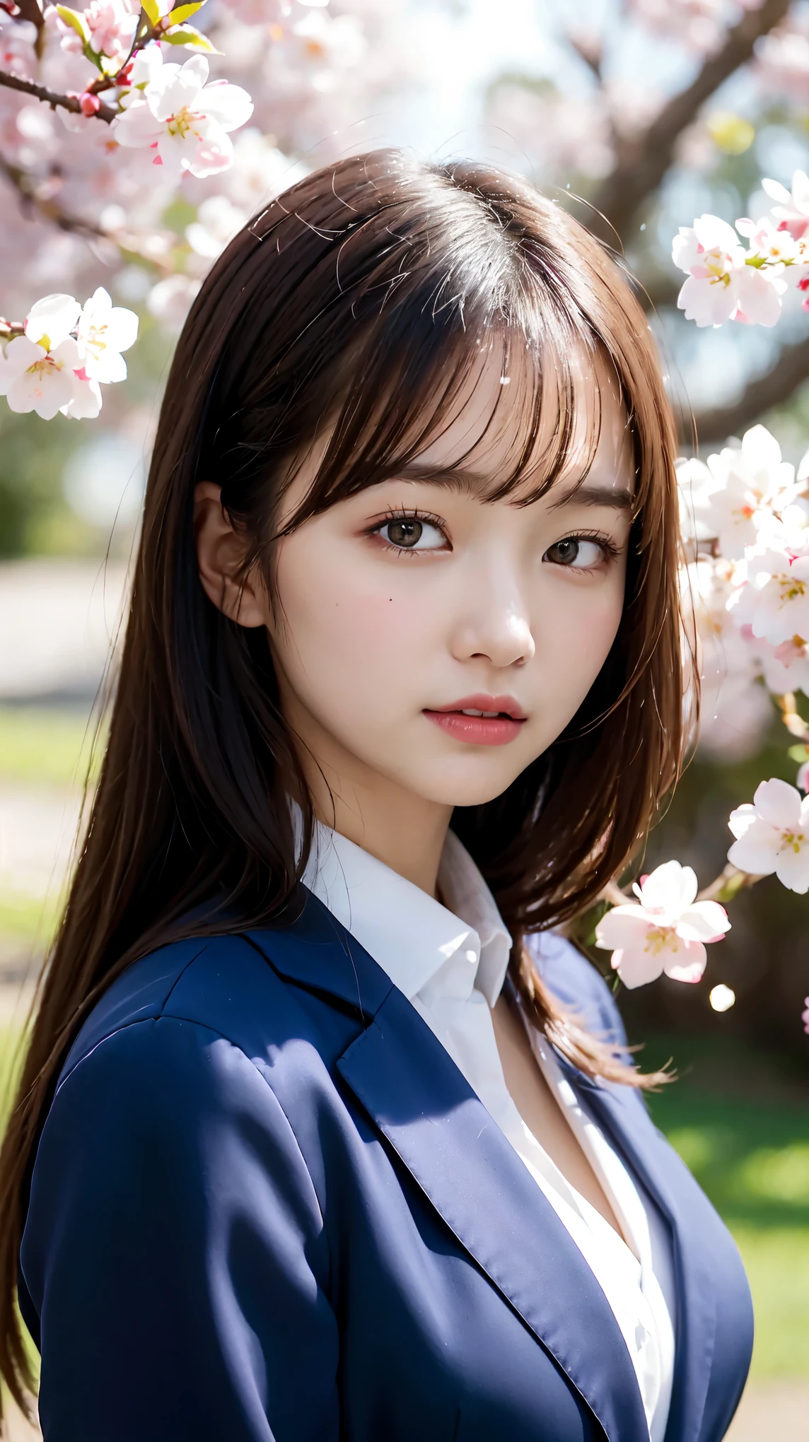 graduation ceremony、high school girl、uniform 、blazer、Rows of cherry blossom trees in full bloom、Cherry blossom confetti、perfect proportions、cute、(big breasts:1.2)、((18 year old female:1.2))、若い愛らしい日本人のface, （light_笑face：0.3），official art，Highly detailed CG Unity 8K wallpaper、bright_front_face_lit，（masterpiece:1.0),(highest quality:1.0), 超A high resolution,4k,Super detailed, photo shoot, 8K, nffsw, High resolution, absurd:1.2, film grain, lens flare glow,soft portrait shot,8K、View viewer