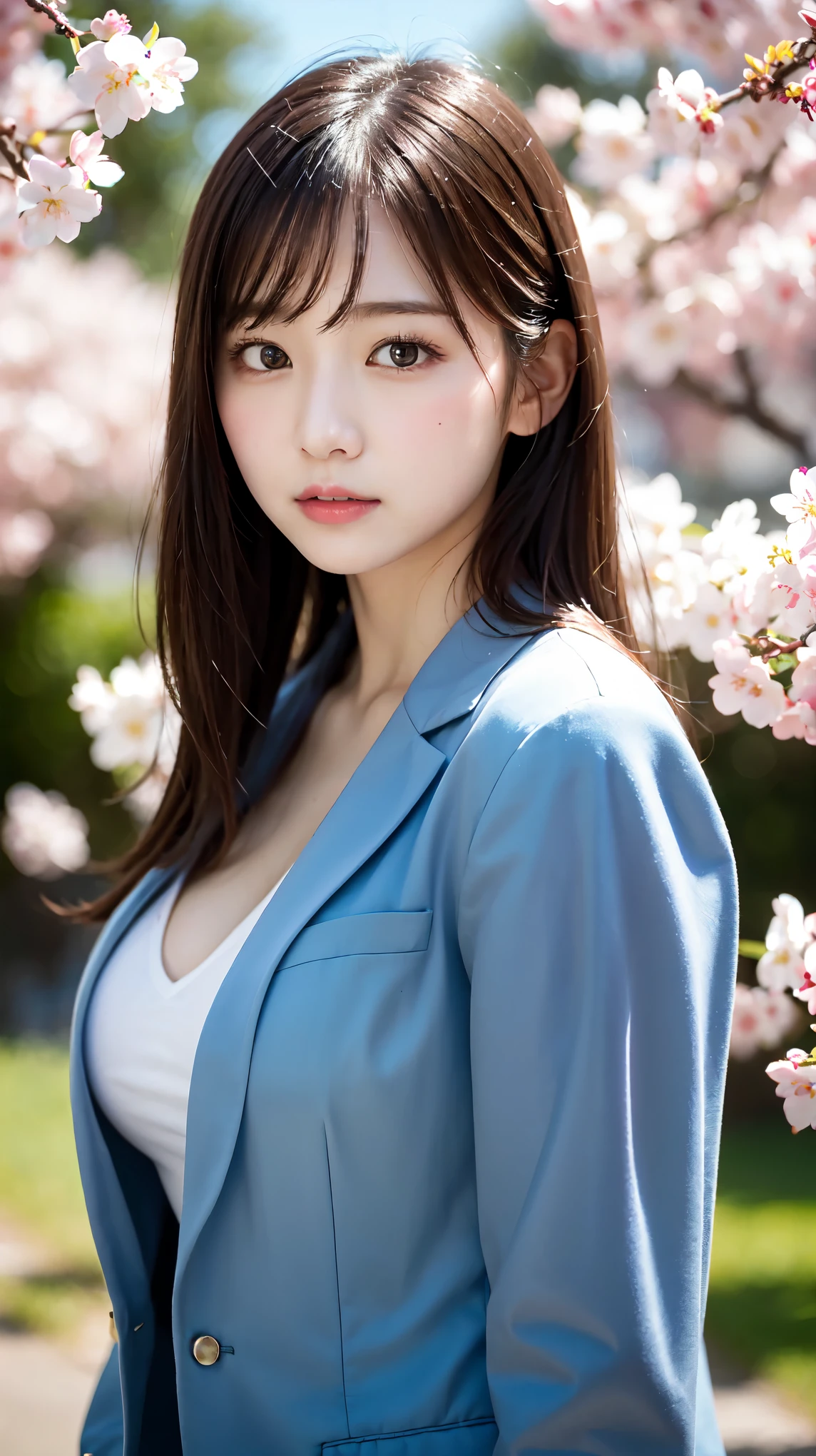 graduation ceremony、high school girl、uniform 、blazer、Rows of cherry blossom trees in full bloom、Cherry blossom confetti、perfect proportions、cute、(big breasts:1.2)、((18 year old female:1.2))、若い愛らしい日本人のface, （light_笑face：0.3），official art，Highly detailed CG Unity 8K wallpaper、bright_front_face_lit，（masterpiece:1.0),(Highest_quality:1.0), 超A high resolution,4k,Super detailed, photo shoot, 8K, nffsw, High resolution, absurd:1.2, kodak portrait 400, film grain, lens flare glow,高いest quality,8K,nffsw:1.2),(cute日本の女の子),(masterpiece、高いest quality) 、soft portrait shot,8K、View viewer