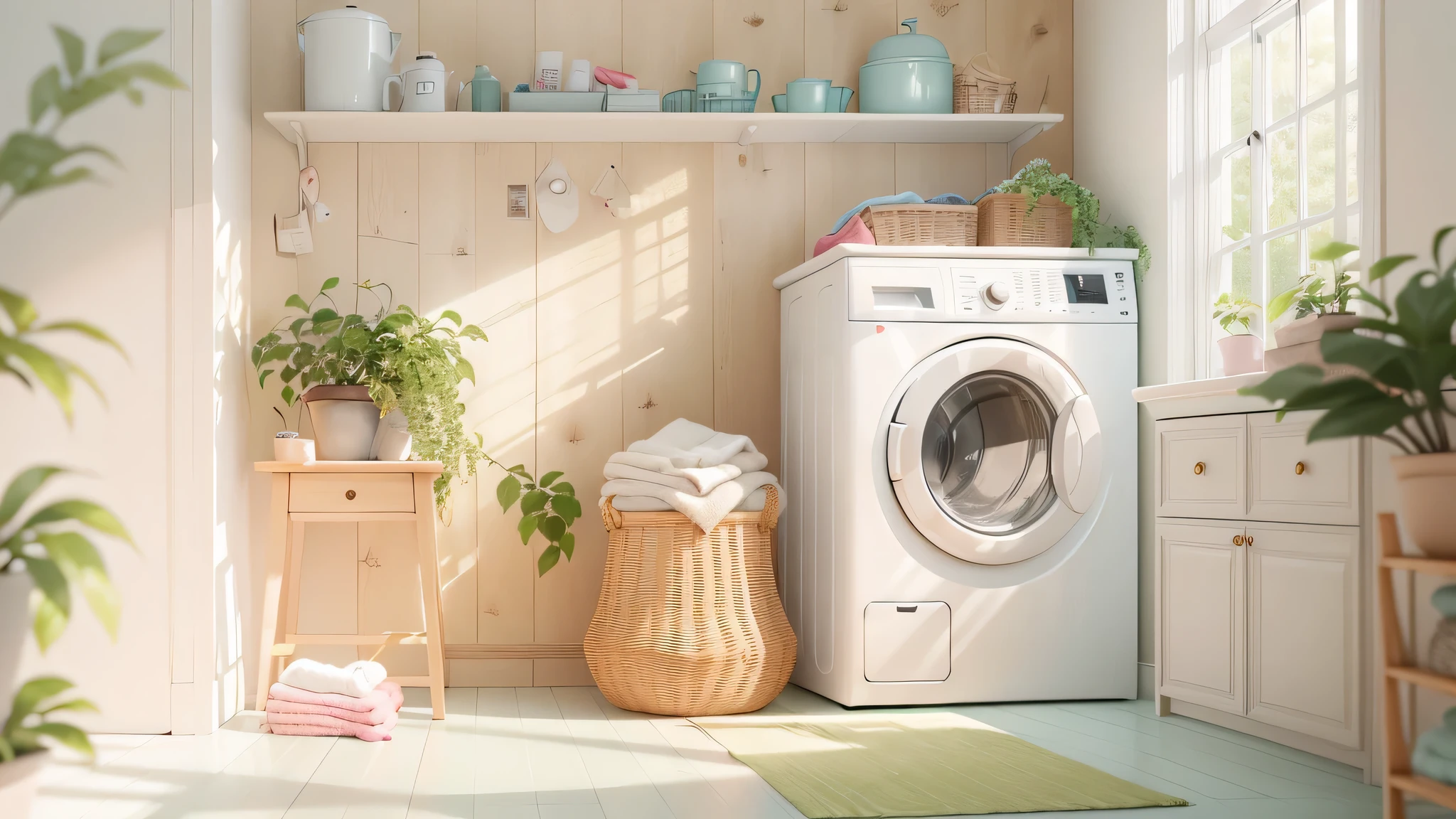 laundry room、1 washing machine、Folded towel、basket、plant、White flower、pink flowers、yellow flower、The morning sun shines in、A room with a white base、Relaxing Mood