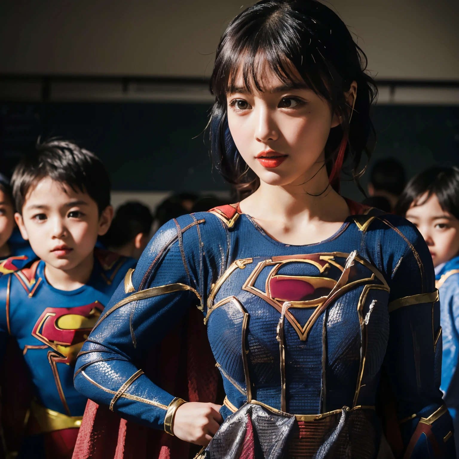 Réaliste, surréaliste, Éclairage cinématographique, 32k, 1Super-fille, Beau visage、(Costume de Supergirl précis:2.0)、 (Lumière brillante:1.2), (Amélioration de la qualité:1.4), (Highest quality Réaliste textured skins:1.4), Visage détaillé, Cheveux courts, frange, (Améliore la beauté de la texture de la peau:1.1), texture mate、1Super-fille、gangbang、(Salle de classe de l’école élémentaire、Supergirl est enseignante:1.0)、(Beaucoup de garçons laids、Trente garçons font la moitié de la taille de Supergirl、Tous les étudiants masculins sont obèses.:1.2)、(Supergirl entourée de 30 petits enfants:1.6)、(Tous les garçons ont des petites saucisses dans les mains:)、(Saucisse beige、Petites saucisses:)、