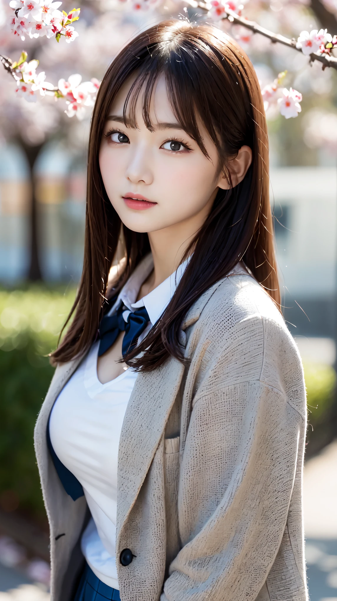 graduation ceremony、high school girl、uniform 、blazer、Cherry tree in full bloom、Cherry blossom confetti、perfect proportions、cute、(big breasts:1.2)、((18 year old female:1.2))、若い愛らしい日本人のface, （light_笑face：0.3），official art，Highly detailed CG Unity 8K wallpaper、bright_front_face_lit，（masterpiece:1.0),(Highest_quality:1.0), 超A high resolution,4k,Super detailed, photo shoot, 8K, nffsw, High resolution, absurd:1.2, kodak portrait 400, film grain, lens flare glow,高いest quality,8K,nffsw:1.2),(cute日本の女の子),(masterpiece、高いest quality) 、soft portrait shot,8K、View viewer