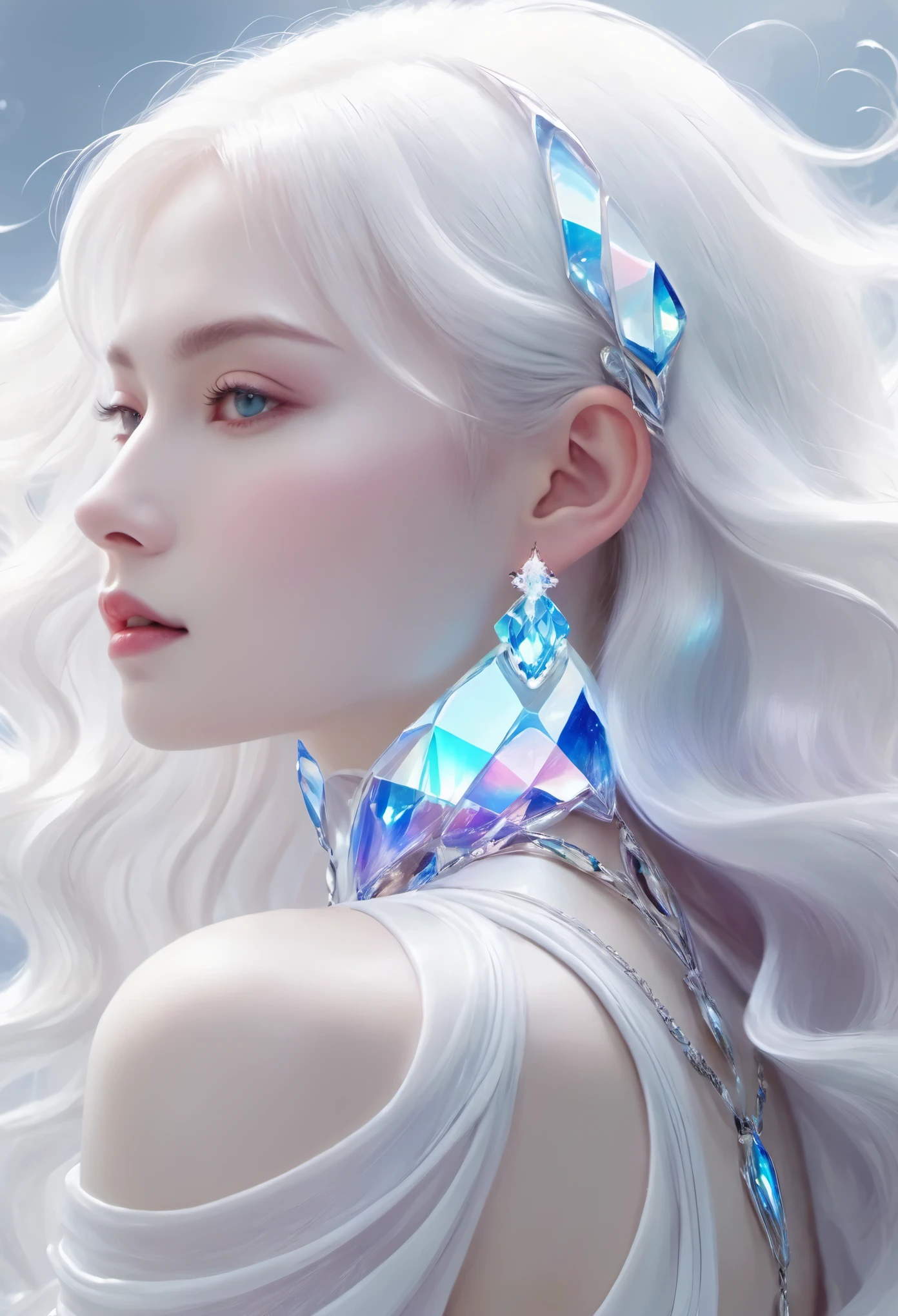 Painting of a beautiful young woman，jewelry，Mysterious Waves. 3d. white，shallow. Hair fusion cosmic nebula，glass texture，translucent