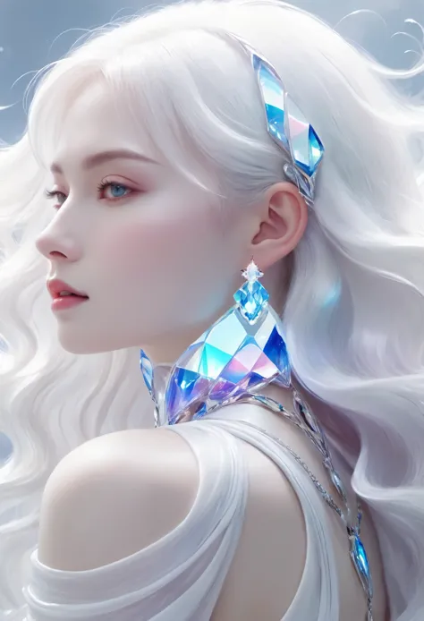 Painting of a beautiful young woman，jewelry，Mysterious Waves. 3d. white，shallow. Hair fusion cosmic nebula，glass texture，translu...