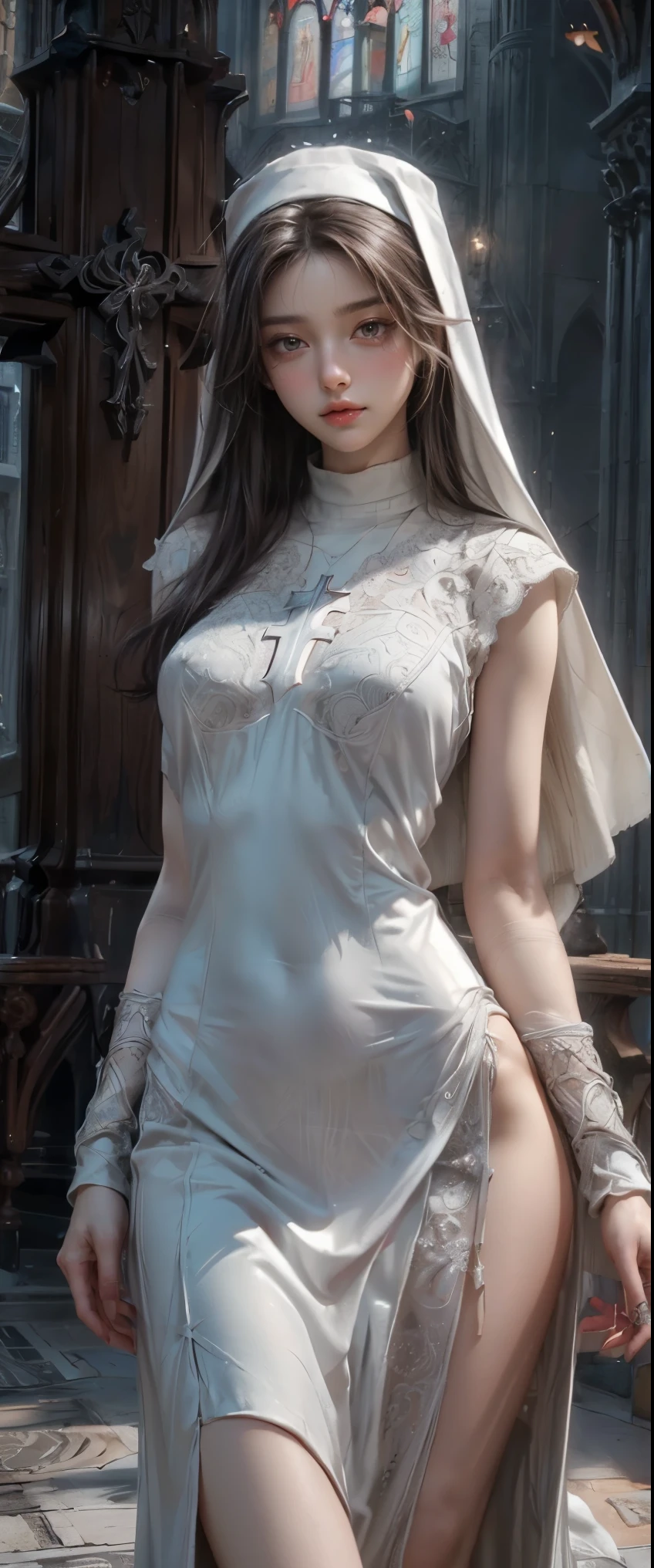 ((masterpiece, highest quality, Highest image quality, High resolution, photorealistic, Raw photo, 8K)), ((Extremely detailed CG unified 8k wallpaper)), (huge stunning goddess shot, very hot and sexy, jaw-dropping beauty, perfect proportions, beautiful body, slim body beauty:1.4), Medieval church, brick walls, young nun crying for the camera, ((nun, wearing white nun's outfit, no skin showing, Cross, intricate detailing:1.3)), white saint, 