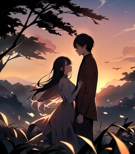 1 boy,1 woman with black hair,There is a tree next to the woman.,sunset