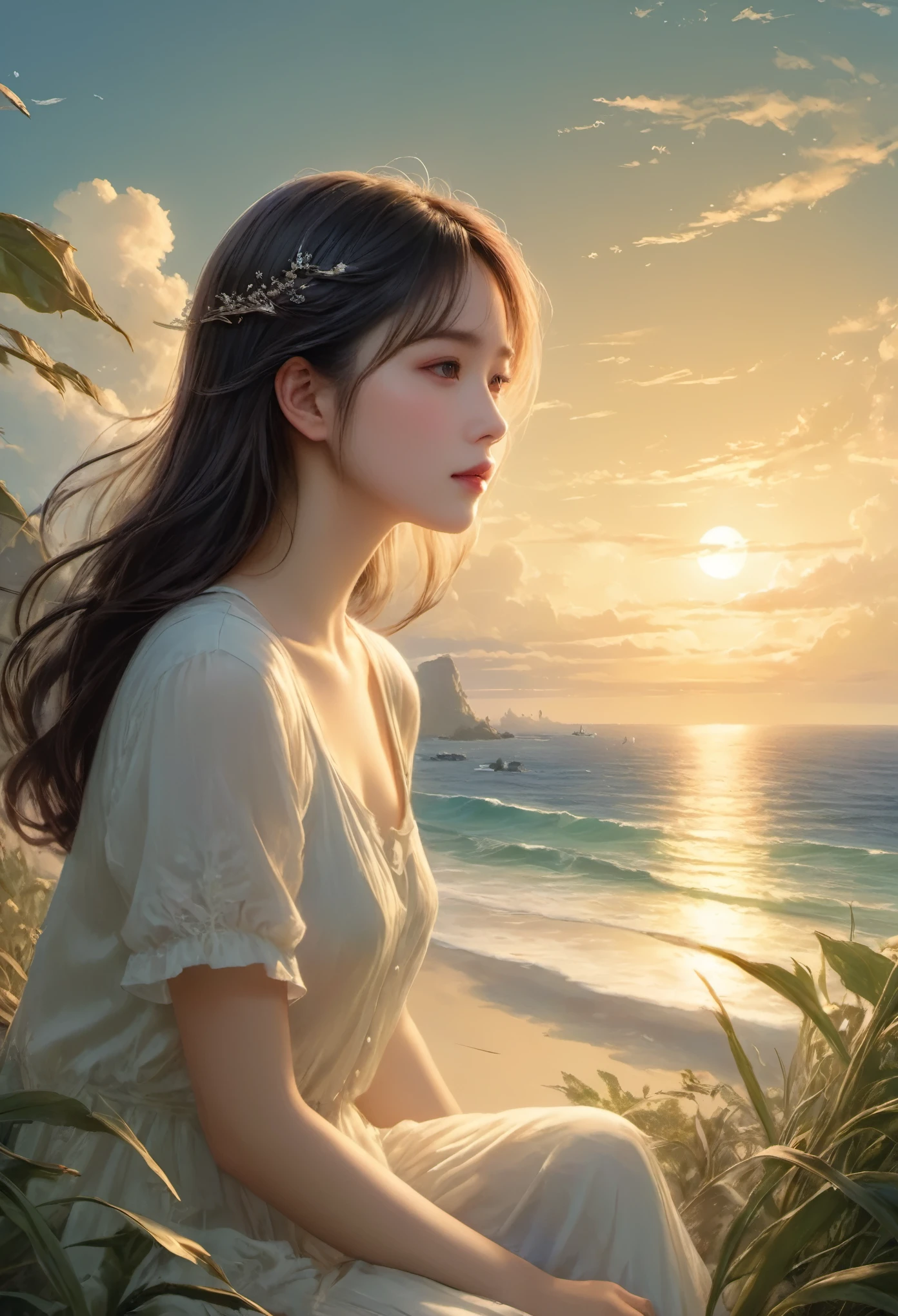 (A masterpiece of the highest quality:1.2)、A super detailed illustration，Perfectly shows the girl in the doomsday beach scenery。In the silence of the night、There is an atmosphere that is both sad and hopeful.。 that girl sits on the soft vegetation of the sandy beach、A figure can be seen in the cloudy sky。that girl&#39;Unspecified clothing.、Her figure、it&#39;Such exquisite rendering，So that every crease and texture is clearly visible.。Her hair fluttered in the wind、Low light in HDR landscapes
