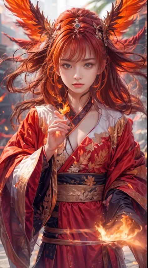 (full body portrait), (close up) ,1 girl，korean girl, 17 years old, Fire mage wearing fiery red clothes（Chinese Hanfu），The robe ...