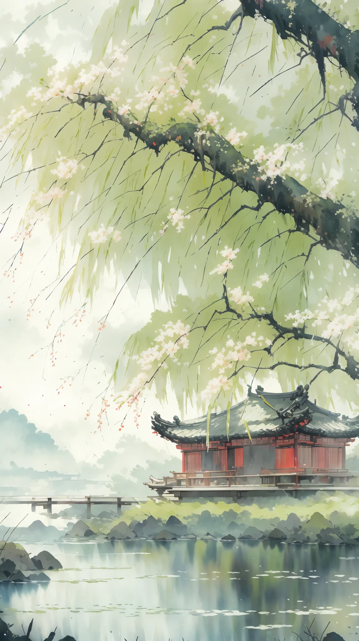 ancient style illustration chinese watercolor landscape painting watercolor willow river summer chinese landscape bare tree branch day flower leaf no human outdoors overgrown plants landscape tree tree water, masterpiece, recent quality, best details, beauty