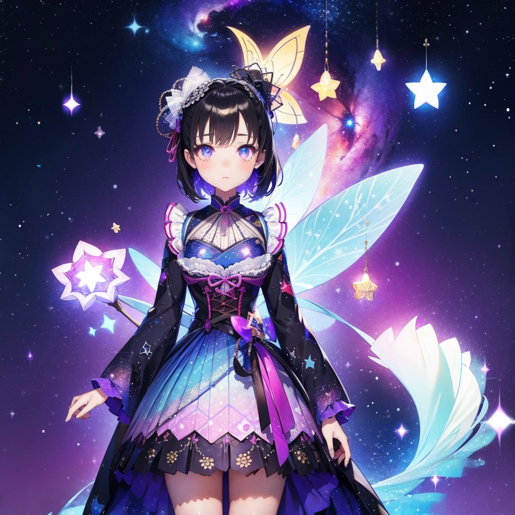 1girl、vtuber-fullbody、Star Fairy、「A beautifully printed galaxy patterned kimono and gothic lolita outfit.、Space pattern box pleated mini skirt with ruffles、Front full body portrait、enchanting eyes、Perfect and stunning face、exquisite details、clear image、highest quality。」short hair、