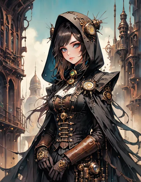 a mesmerizing and ultra-high-resolution emo art masterpiece set in a steampunk world. a stunningly beautiful nun is depicted, we...