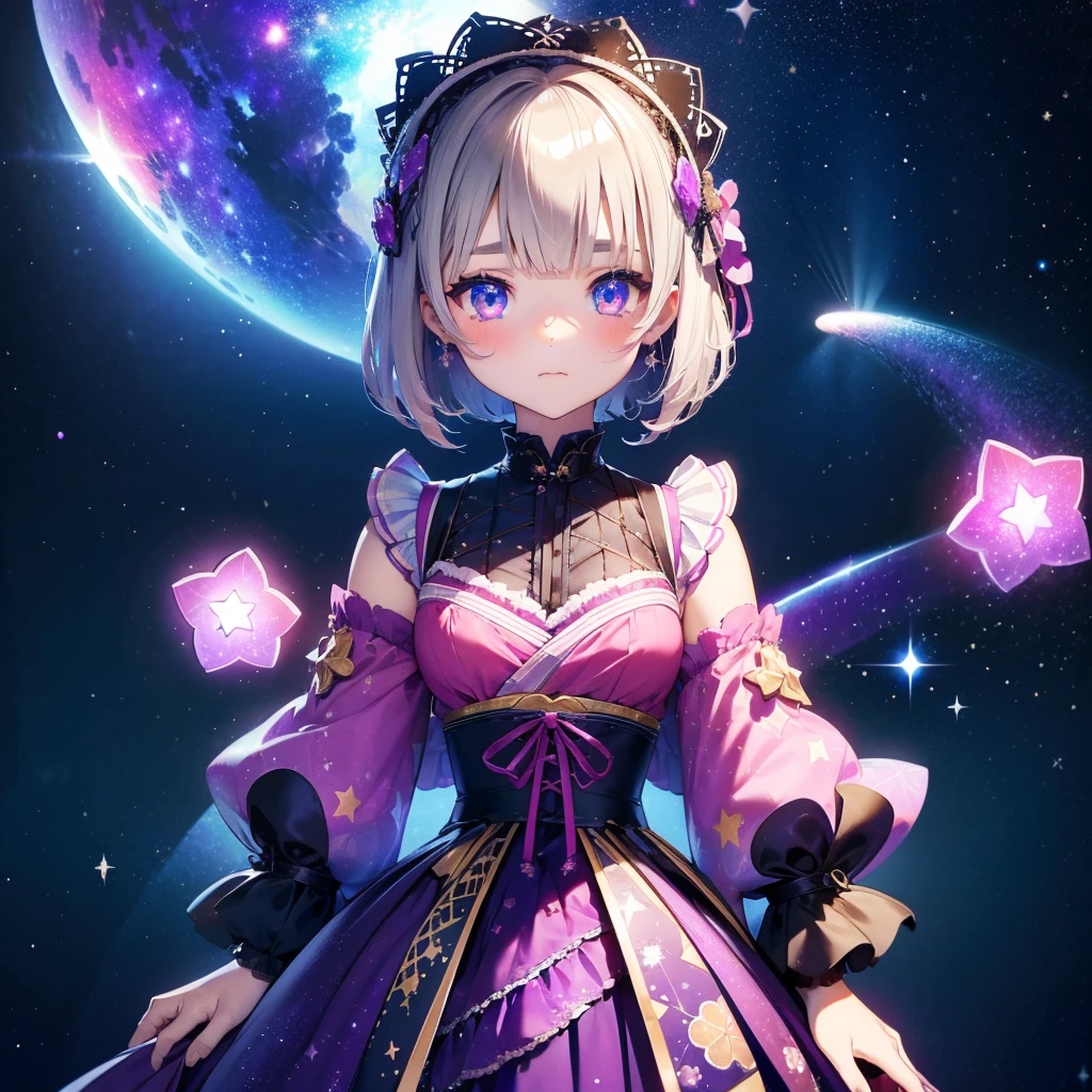 1 garota、vtuber-corpo inteiro、Fada Estrela、「Um quimono com estampa de galáxia lindamente estampado e roupa de lolita gótica.、Mini saia plissada caixa padrão espacial com babados、Retrato frontal de corpo inteiro、olhos encantadores、Rosto perfeito e deslumbrante、detalhes requintados、imagem clara、mais alta qualidade。」cabelo curto、