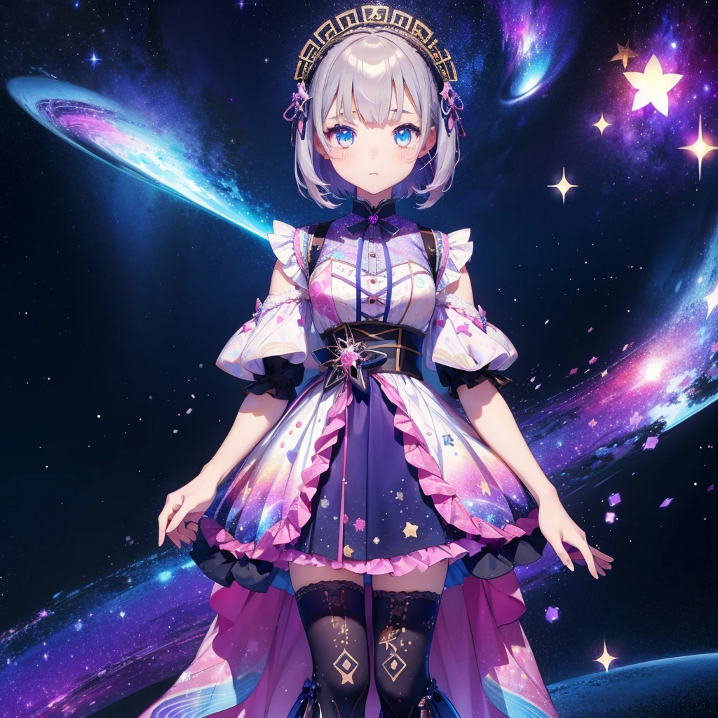 1fille、vtuber-fullbody、Fée des étoiles、「Un kimono à motifs de galaxies magnifiquement imprimé et une tenue gothique lolita.、Mini-jupe plissée à motif spatial avec volants、Portrait complet du corps de face、des yeux enchanteurs、Visage parfait et magnifique、détails exquis、image claire、la plus haute qualité。」Cheveux courts、