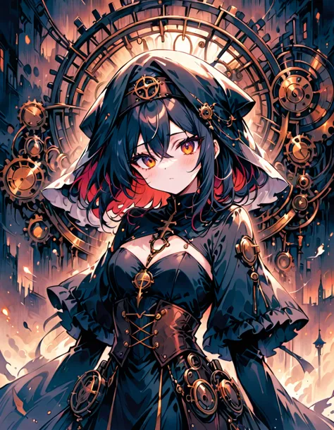 a mesmerizing and ultra-high-resolution emo art masterpiece set in a steampunk world. a stunningly beautiful nun is depicted, we...