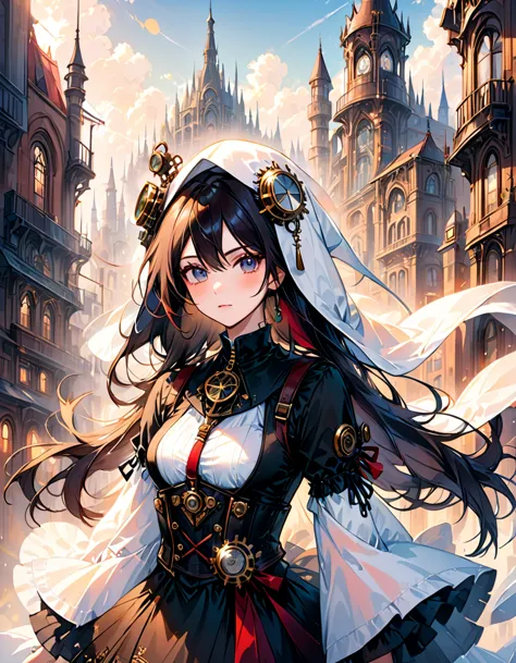 a mesmerizing and ultra-high-resolution emo art masterpiece set in a steampunk world. a stunningly beautiful nun is depicted, we...