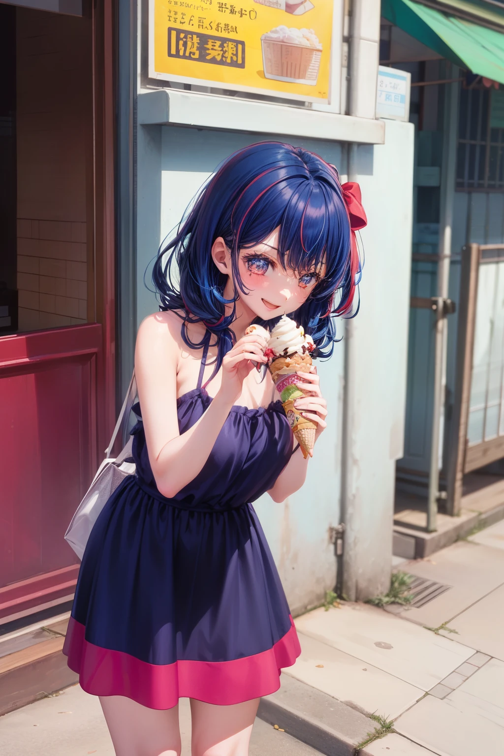 Anime girl in a short dress eating a sandwich on a city street - SeaArt AI