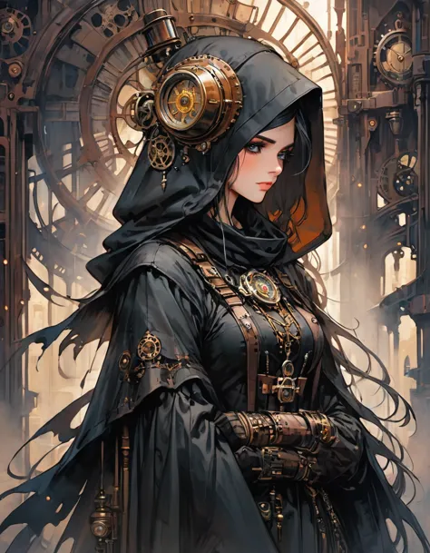 a mesmerizing and ultra-high-resolution emo art masterpiece set in a steampunk world. a stunningly beautiful nun is depicted, we...