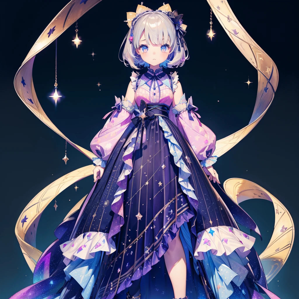 1girl、vtuber-fullbody、Star Fairy、「A beautifully printed galaxy patterned kimono and gothic lolita outfit.、Space pattern box pleated mini skirt with ruffles、Front full body portrait、enchanting eyes、Perfect and stunning face、exquisite details、clear image、highest quality。」short hair、