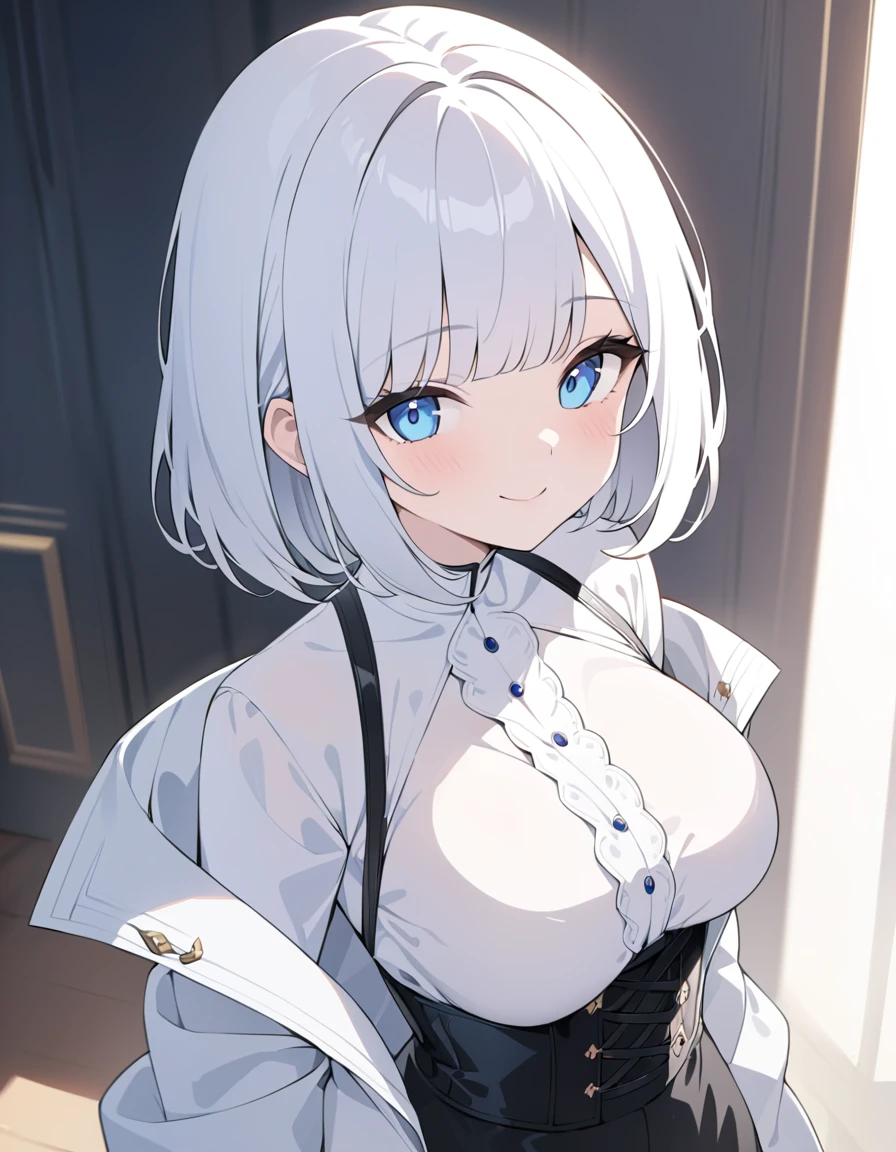 (highest quality)), ((masterpiece)), (be familiar with), perfect face((highest quality)）cute,beautiful girl,Pure white hair,bangs,medium hair,blue eyes.Alone,smile,cute, short hair、Beautiful eyes,light clothing,healthy body、Black high waist pants、accurate composition、8K.luxury white coat、corset、white blouse、beautiful breasts