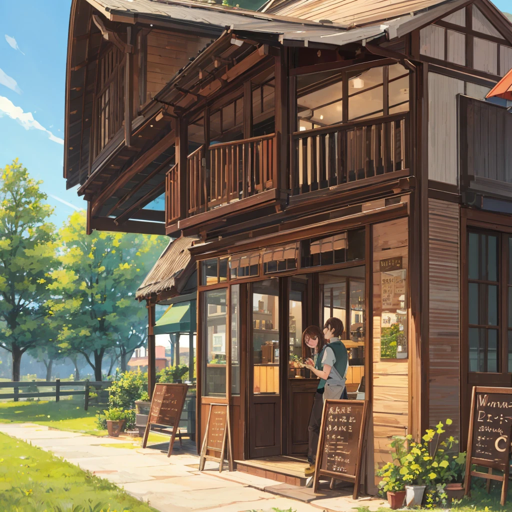 brown haired woman,The restaurant is made of wood.,Grass,clear sky