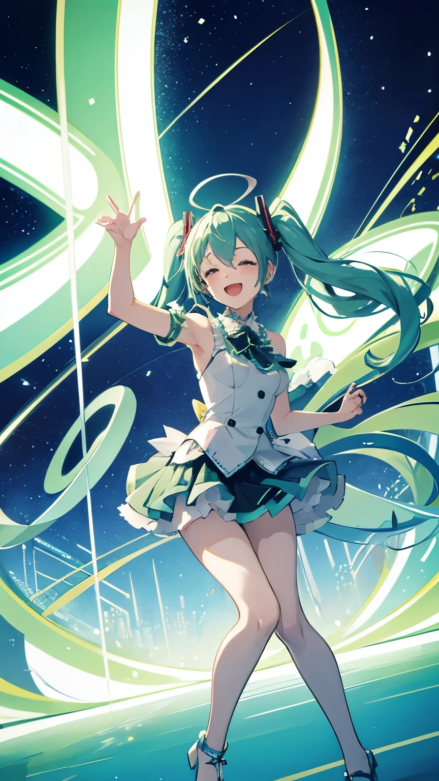 Hatsune Miku en un concierto lleno de energía, con un magnífico y colorido telón de fondo. Miku estaba cantando su canción favorita con toda su energía., Mientras sonreía alegremente, con cabello largo y verde, un sombrero futurista, y ropa única y artística.