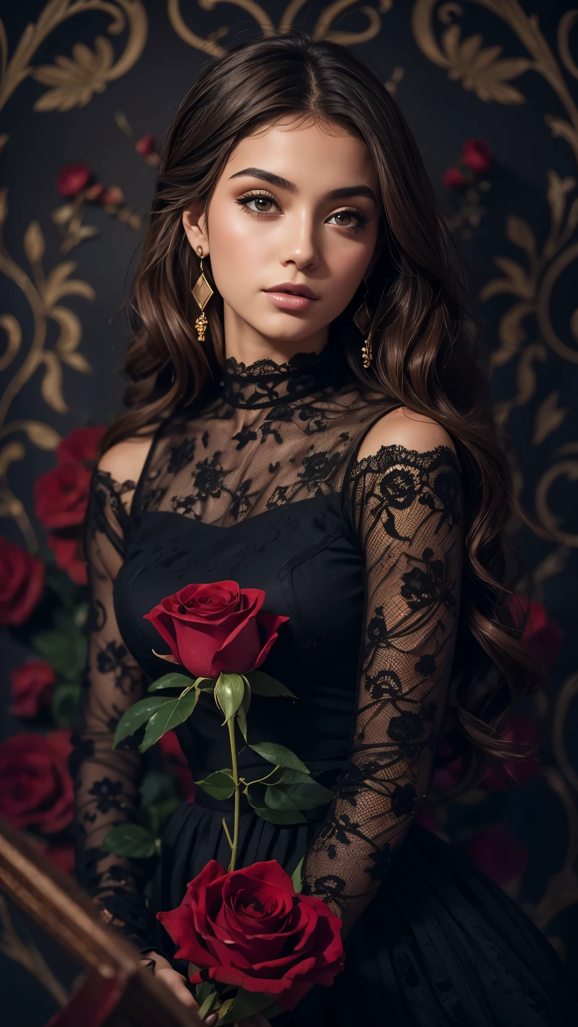 8k, RAW photo, Fujifilm, style photo of a beautiful 16 year old woman, square face, a red rose on the neck, wearing black lace dress with red, golden earrings, strong features like a spinning dove, (highly detailed skin: 1.2), medium brown hair with lights, film grain, 35mm, cute style