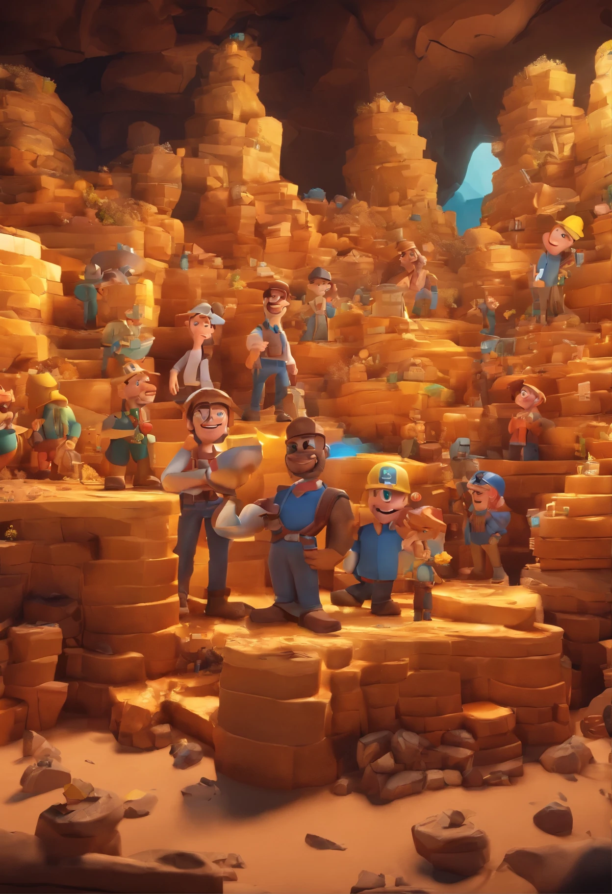 Une immense mine, Style de dessin animé européen et américain, un groupe de personnes qui exploitent des mines, debout au milieu d&#39;un patron très riche détenant un trésor, À la manière de Disney, À la manière de Pixar, éclaboussure,