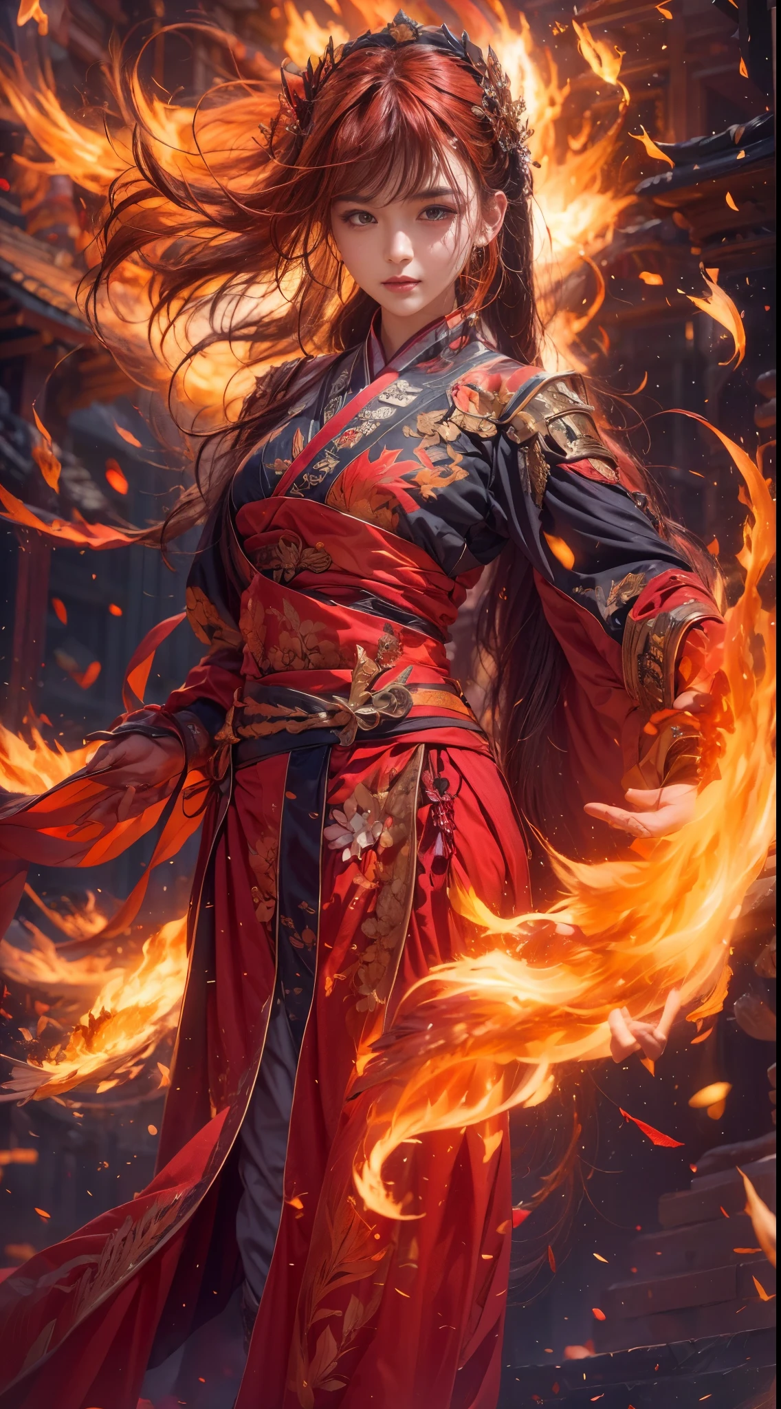 (full body portrait), (close up) ,1 girl，korean girl, 17 years old, Fire mage wearing fiery red clothes（Chinese Hanfu），The robe is embroidered with intricate runes，Decorated with a burning scent。He was tall and strong，Raise your hand，Powerful fire spells are being unleashed, His eyes are firm and sharp，A fire flashed in the flame mage&#39;s eyes，（A huge flaming phoenix spreads its wings and flies：1.2),（Phoenix feathers burn with blazing flames), it sparkles，Its body is surrounded by flame feathers，Dancing，Forming a spectacular flame hexagonal star array pattern，Full of mysterious magic，The whole scene is full of fiery aura and passion for fighting，Large fire spells bloom in the air，A brilliant arc of flames and splashing sparks form，（Fire Mage and Phoenix），Look majestic and mysterious in the raging fire，Like the embodiment of fire and magic，Red hair，high detail，Surrealism，realism，（（Half-length photo）），（real picture：1.4），（chiaroscuro），movie lighting，Realistic special effects，Render by Octane，Ray tracing，panoramic，perspective，textured skin，Ultra-detailed，ultra high definition，masterpiece，anatomically correct，best quality，high resolution，8K