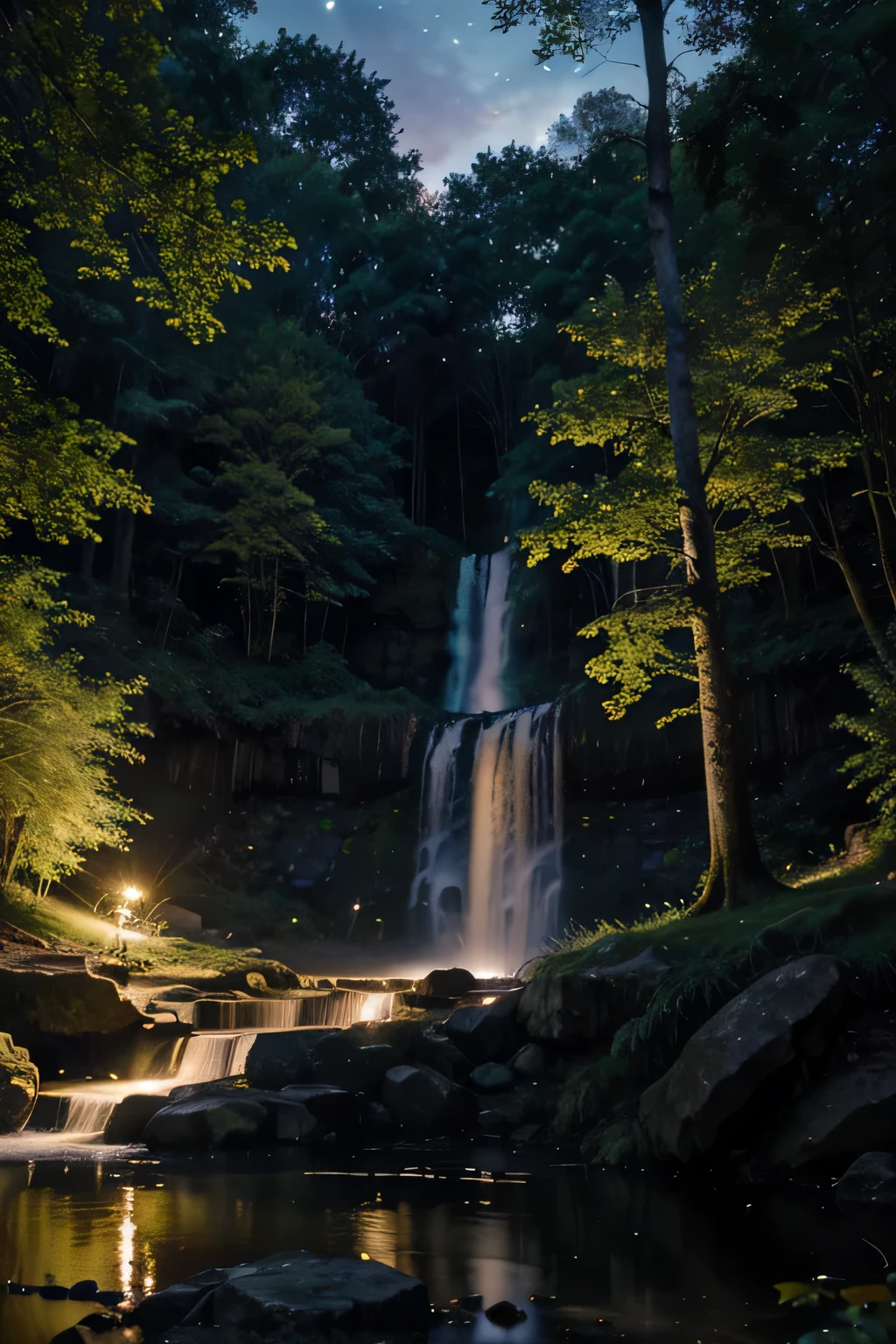 Une clairière mystique avec des anciens, arbres tordus, une cascade étincelante tombant en cascade dans un étang tranquille, et des lucioles dansant au crépuscule