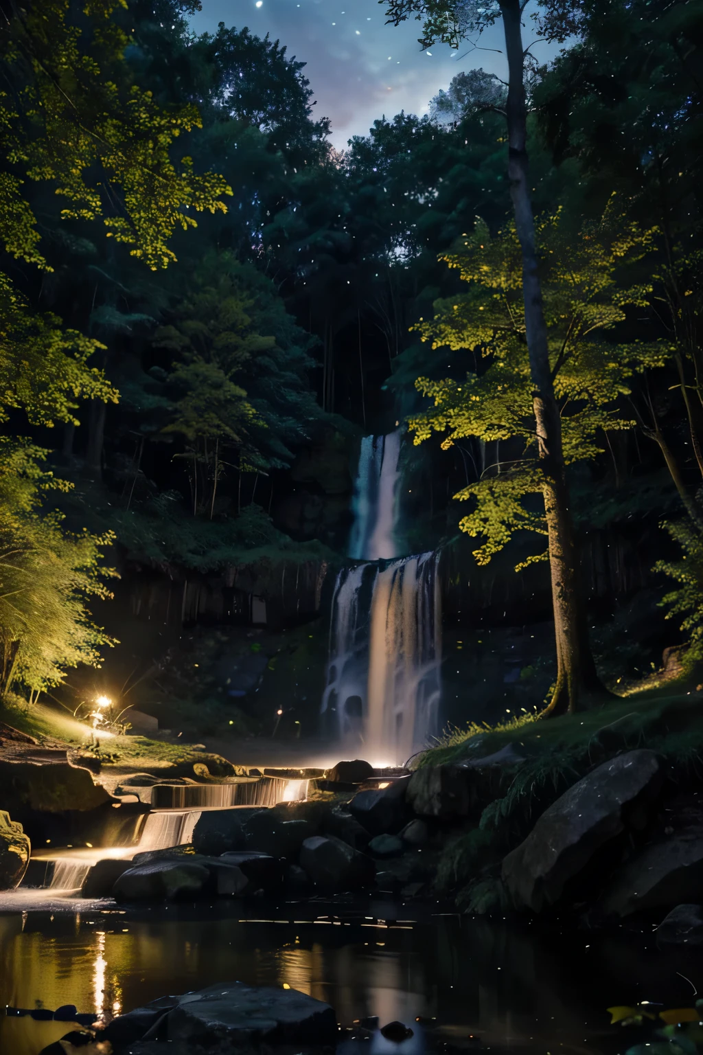 A mystical forest clearing with ancient, twisted trees, a sparkling waterfall cascading into a tranquil pond, and fireflies dancing in the twilight