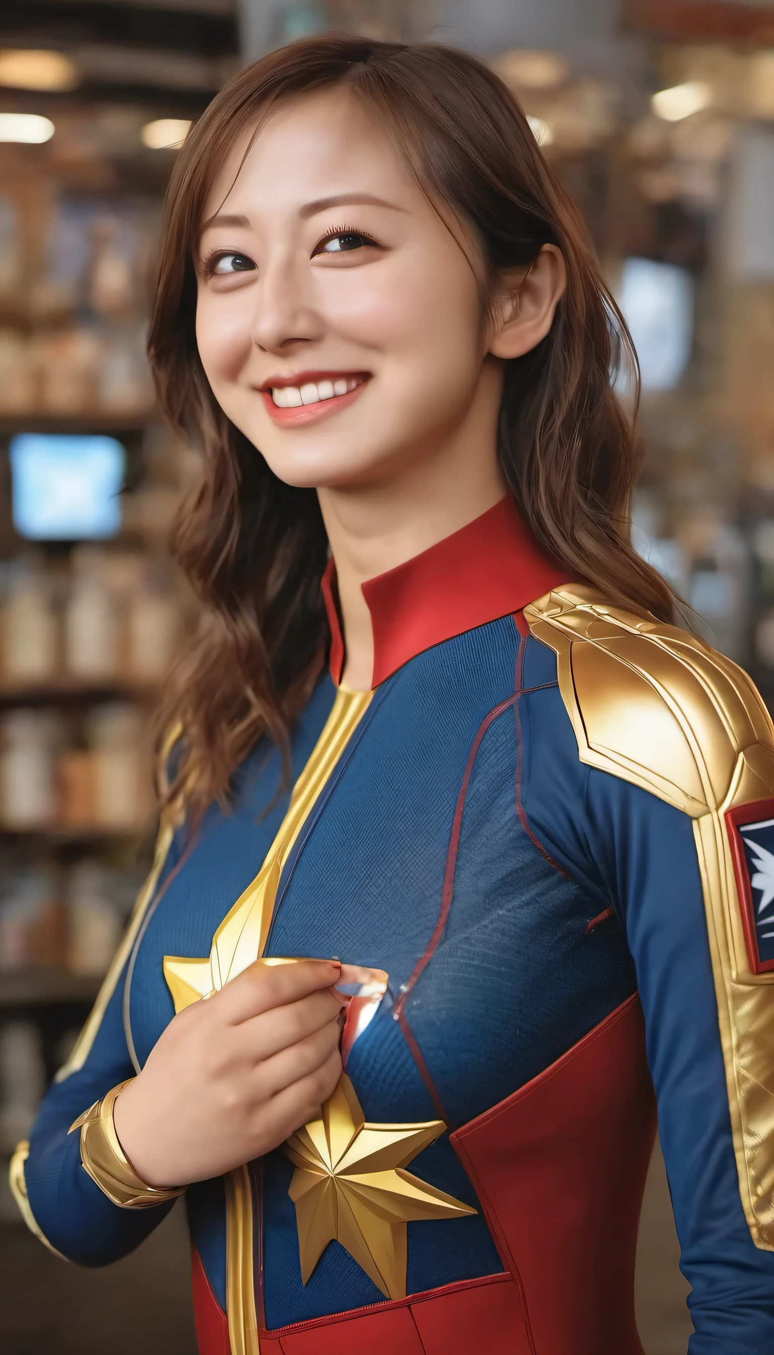 A woman in a captain marvel costume posing for a picture - SeaArt AI