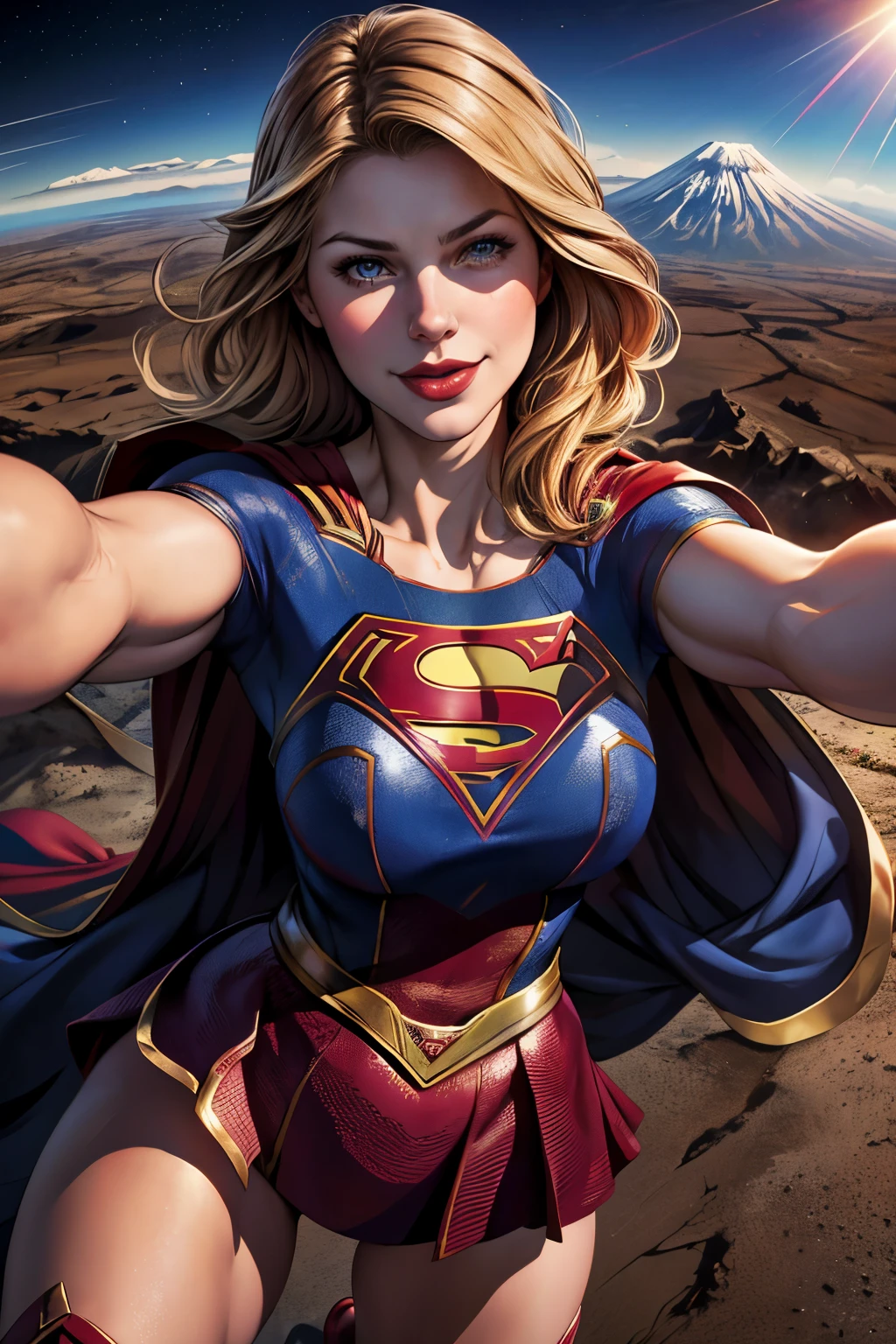 ((highest quality)), ((masterpiece)), (be familiar with),（Melissa Benoist）、（SUPER GIRL）, perfect face、Precise、24-years-old、supergirl women、blonde、long hair、Smile、Accurate finger depiction、beautiful nails、plump body、big breasts、constricted waist、big ass、red cloak、red knee high boots、Glamorous、glamorous、(1. Supergirl flying at high altitude above Mount Fuji)、(taking a selfie)、(aerial view)