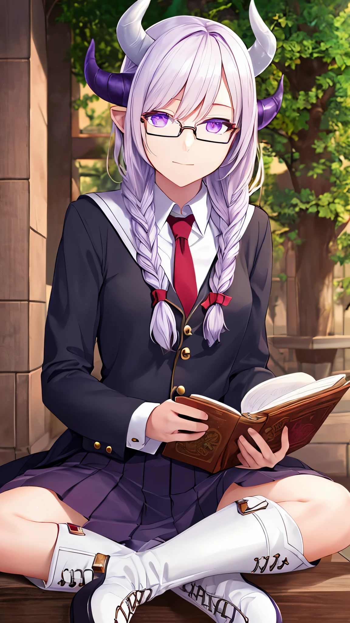 (obra maestra, mejor calidad), detallado, (estudiante de la academia de magos, Uniforme de la Academia de Magia, anteojos, reading anteojos, botas blancas), demonio, demonio girl, detallado beautiful purple eyes, detallado face, cabello blanco y piel blanca, cola de caballo trenzada, demonio horns, lleno de detalles.