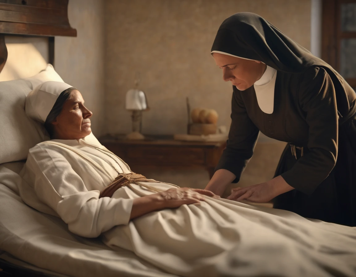 (realistic,photorealistic) A nun helping a wounded soldier during World War I, (best quality,4k,8k,highres,masterpiece:1.2),ultra-detailed,(physically-based rendering), warm colors, (soft and diffused lighting), peaceful expression, dusty battlefield, worn-out uniforms, serene atmosphere, somber mood, (expressive eyes), (gentle touch)