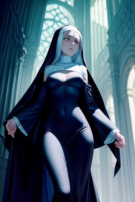 old slim nun, standing outdoors with a full body shot taken from below, her figure clothed in habitual attire, yet her breasts and cleavage remained covered – a testament to her religious devotion. The braless nature of her black outfit was concealed beneath the voluminous garments, revealing only the slender curves of her waist and the worried expressions etched across her face. The sunlight gleamed off the shiny fabric of her habit, showcasing the intricacies of the nun's attire and the subtle contours of her body.