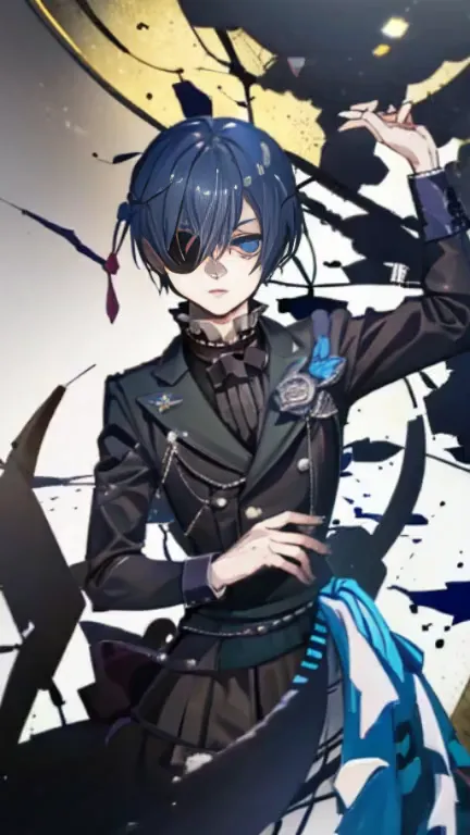 (masterpiece:1.2), (highest quality:1.2), perfect eyes, perfect face, phantomhive, ciel, null, cool, eye patch on right eye, nul...