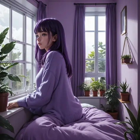 (Cozy, lofi, girl, aesthetic, blue, ultra-detailed, ultra-high-resolotion, in-bedroom, purple-sky-in-window ,plants-in-the-room)