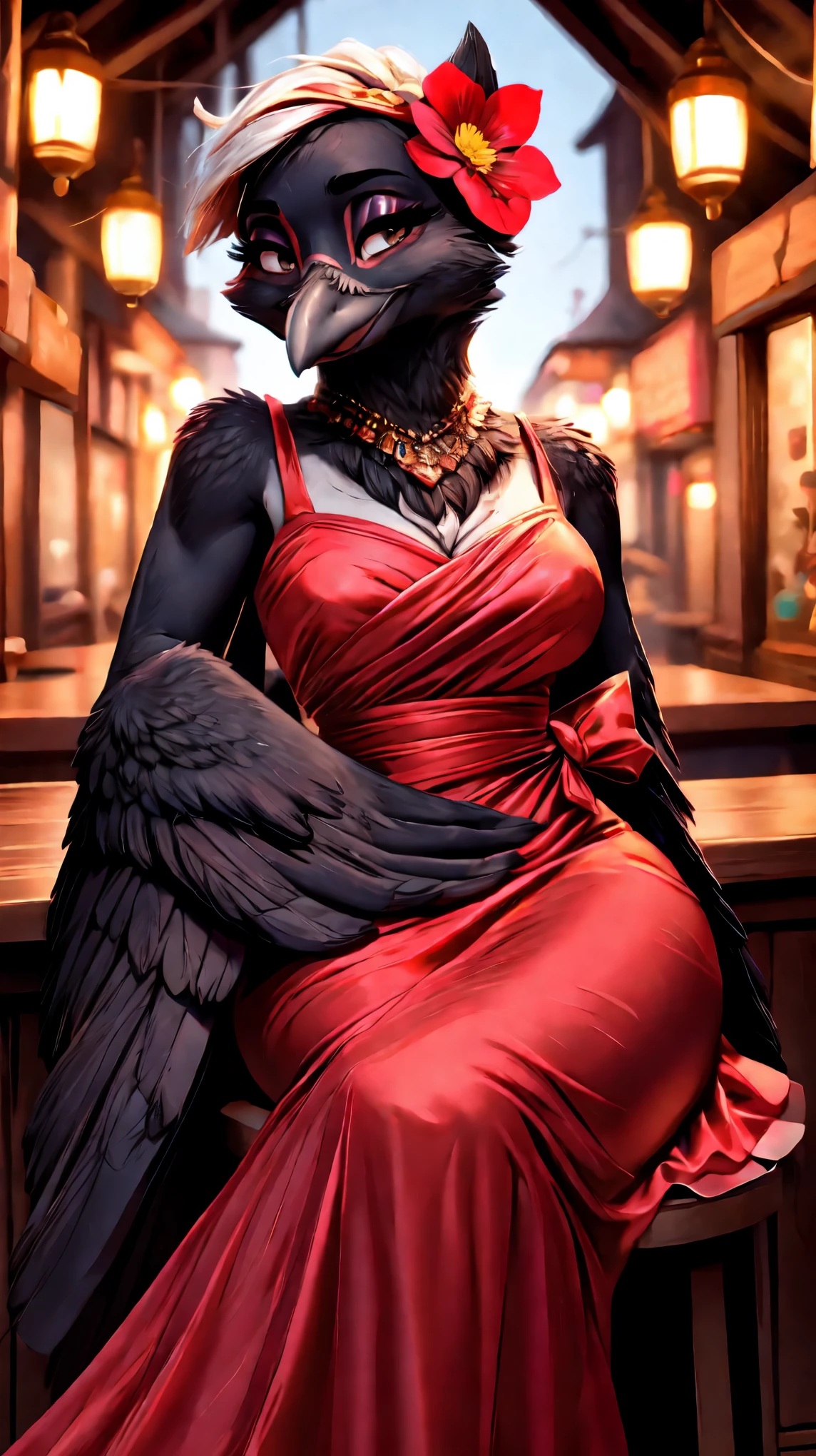 ((jewelry)),(((anthro crow))),(((Bar))),((Lover-like relationship)),((Dress)),smile,((flower hair ornament)),female, ((((winged-arms)))),((sitting)),((sake)),portrait, Medium breasts, beak,cute,Super high quality,masterpiece,heart shaped pupils,(highest quality,4k,8K,High resolution,masterpiece:1.2), Super detailed, HDR, UHD, studio lightning, ultra-fine goodinting, sharp focus, Physically based rendering, extrine detail description, Professional, Bright colors, Bokeh, (in) you bring, landscape, photograph, concept artist (Style), (with) vibrant color goodlette, (good) soft lighting.