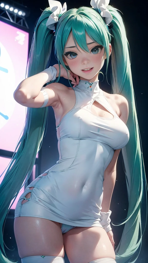 Super detailed, NSFW, masterpiece, High resolution, Photorealistic digital art, perfect lighting, (((1 girl, perfect anatomy))), accurate right hand, accurate left hand, five fingers, perfect style, hatsune miku, 3d face, big light blue-green eyes, glossy lips, blue-green long hair, shiny skin, smile, (((twin tails))), big square hair accessories, city, night, (((sexy white bodycon outfit))), open mouth smile, blush, sweaty, big breasts, Disco Stage, Dance with strides, (View from below), ((Focus on the groin)),