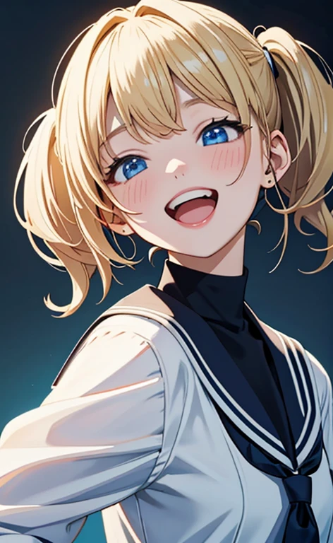 (​masterpiece、top-quality、8k size wallpaper、offcial art)、(portrait,upper body:1.6)、(1girl),(very loud laugh,Open mouth:1.3),(half closed eyes),cute face,blue eyes、(short twintails)、
,(stand),(Shining smile),
,(slender),(school uniform),(long fluorescence blonde hair1.3), (small breasts)、
、fluorescence、classroom,JK、