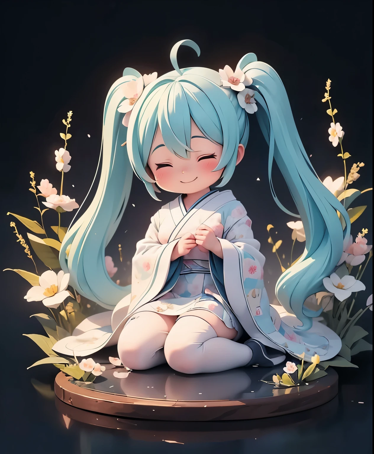 (obra de arte、mais alta qualidade、mais alta qualidade、Arte oficial、lindo lindo:1.2)、(1人のGarota:1.3)Hatsune Miku、Caudas duplas,seios grandes,(obra de arte:1.1), (mais alta qualidade:1.2), (Muito detalhado 1.2), (Donzela do Céu:1.3), (Fita transparente:1.0), (Xale transparente:1.0), (Garota), (sozinho), corpo todo, Ahoge, fechei meus olhos, Oração, (ピンクのCaudas duplas:1.3), (Deformado:1.3), (Personagem Chibi:1.3), Estilo japonês, (fundo de flor:1.2), sorriso arcaico,