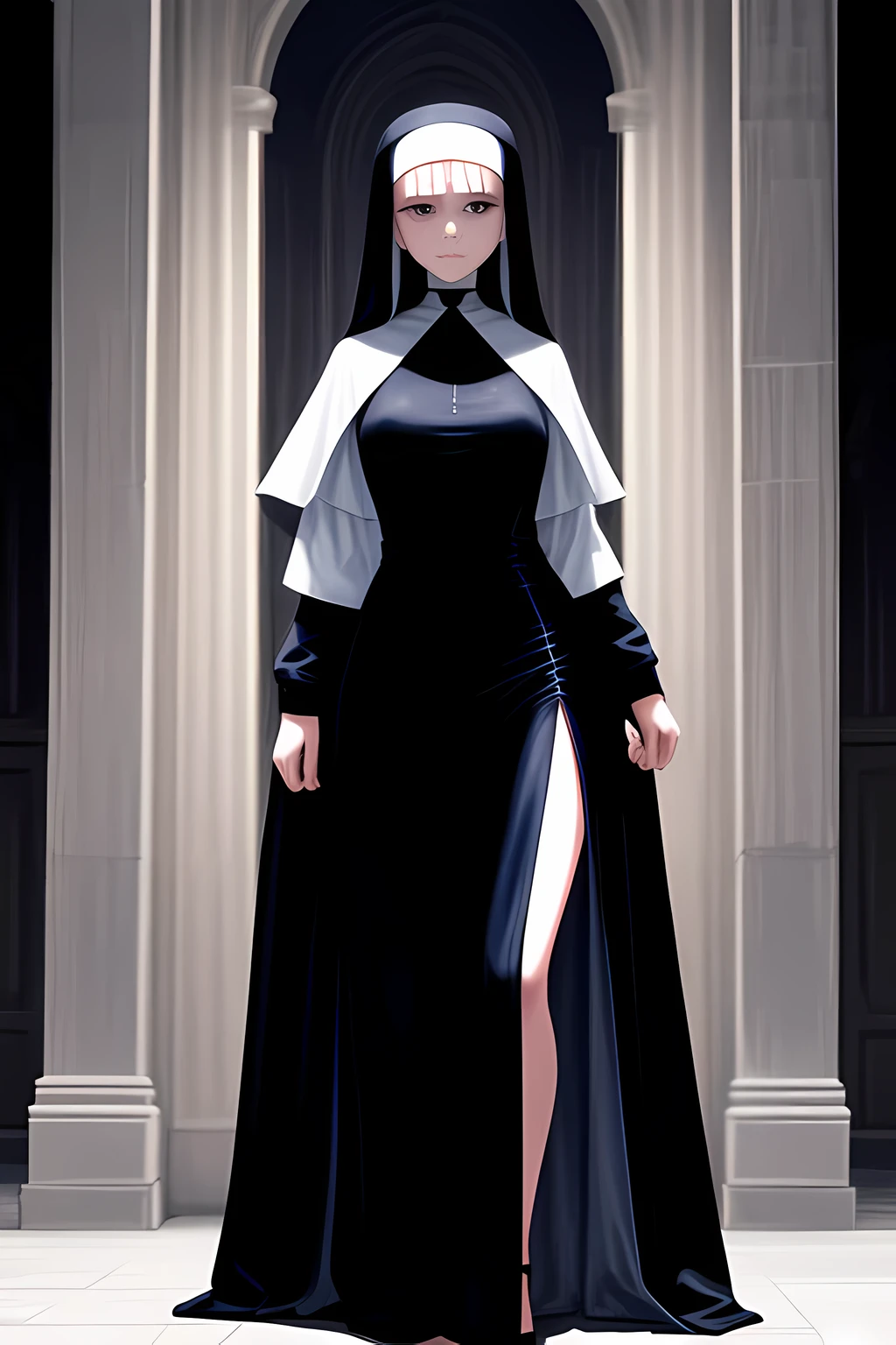 Young slim nun, standing outdoors with a full body shot taken from below, her figure clothed in habitual attire, a testament to her religious devotion. The braless nature of her black outfit was concealed beneath the voluminous garments, revealing only the slender curves of her waist and the worried expressions etched across her face. The sunlight gleamed off the shiny fabric of her habit, showcasing the intricacies of the nun's attire and the subtle contours of her body. detailed face, 