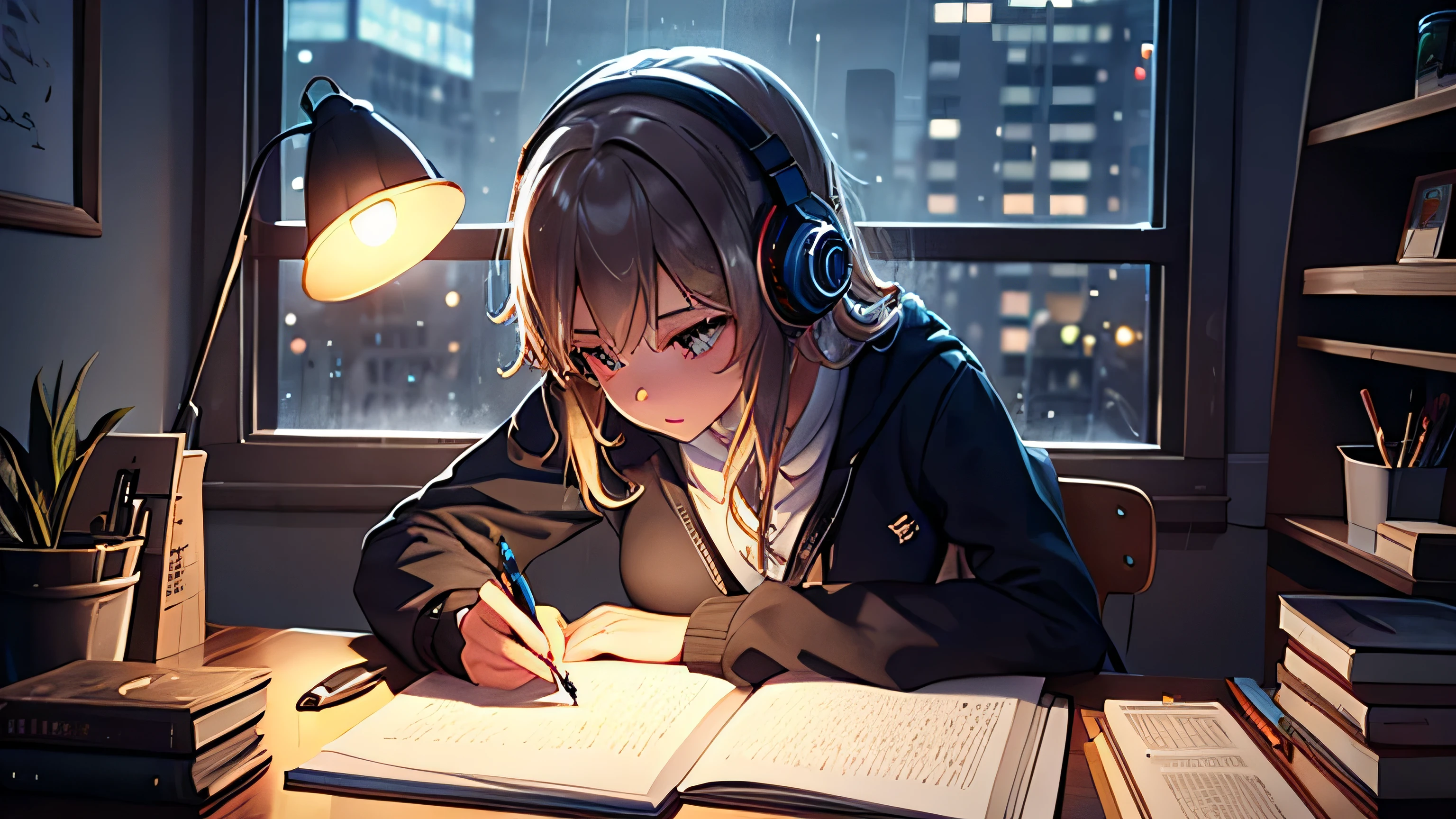 Une belle fille portant des écouteurs immergée dans ses tâches à son bureau　Vue nocturne　pluie　Café　Lampe de table　stylo　Note