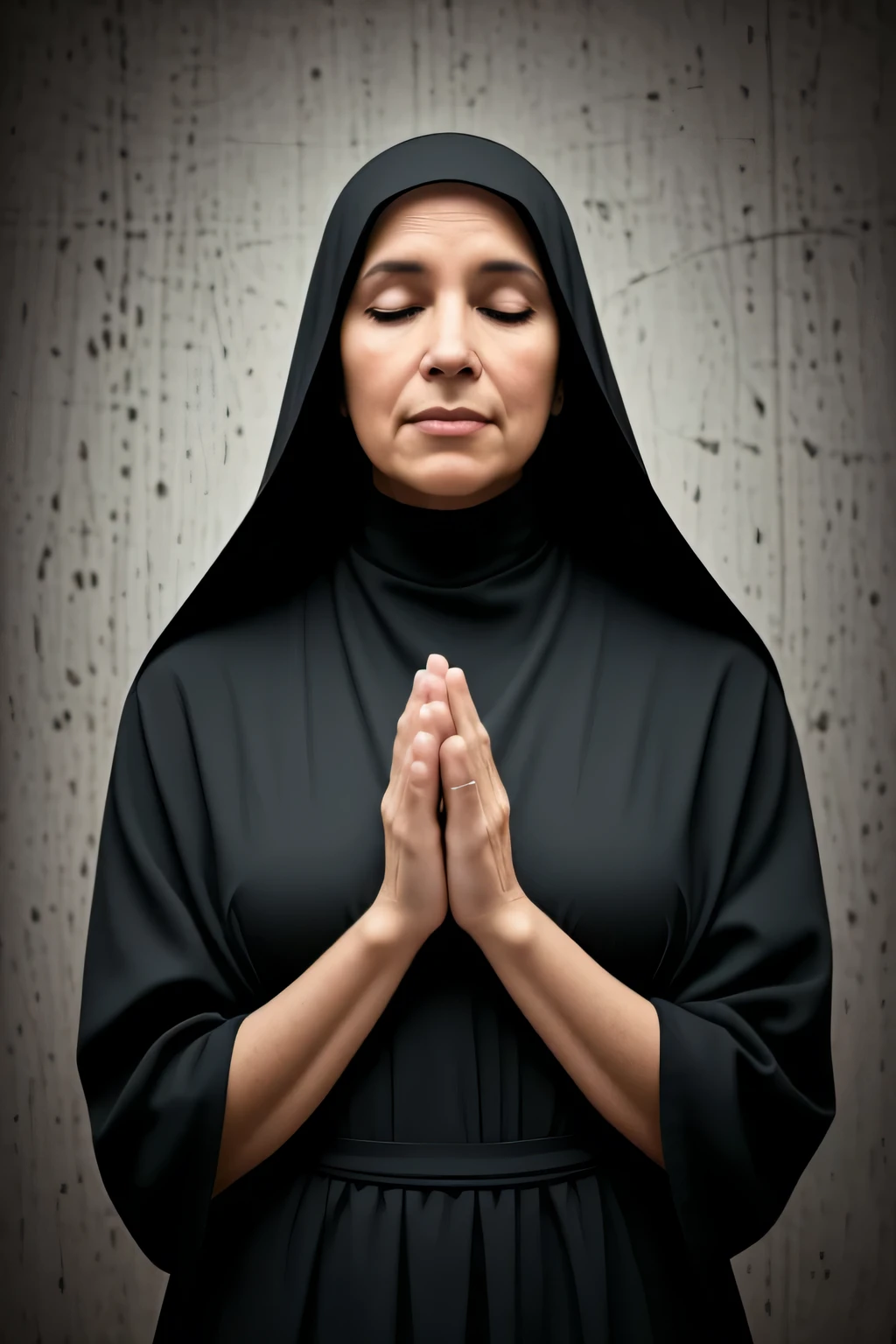 A wise and weathered nun with deep-set wrinkles, ((envejecida)), aged and experienced, silver hair peeking out from under her habit, cabello plateado, Head held high, eyes filled with wisdom, mirada sabia, wrinkles telling stories of a life well-lived. Dressed in traditional black and white attire, dressed in a black and white habit, her hands clasped in prayer, wrinkled hands clasped in prayer. A serene and peaceful expression on her face, Serene and calm expression, radiating kindness and compassion. The image captures her in a moment of contemplation, The image shows her in a moment of reflection, surrounded by the serenity of the