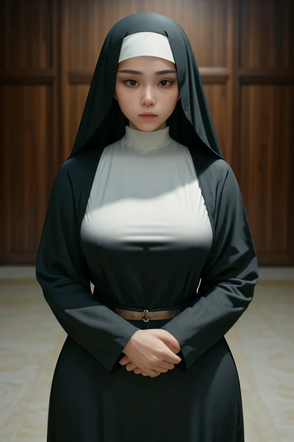 (Masterpiece, Young Nun), (High Quality, Spiritual Figure), (Female Character, Religious Icon), (Detailed Attire, Habit), (Nun's Veil, Covered Head), (Bare Neckline, Modest Plunge), (Natural Complexion, Radiant Skin), (Soft Lighting, Holy Sanctuary), (Realistic Texture, Fabric Wrinkles), (Deep Focus, Close-up Portrait), (Young Face, Innocent Expression), (Hands, Holding Rosary Beads), (Gazing into the Distance, Contemplating), (Serene Environment, Monastery), , full body shot
