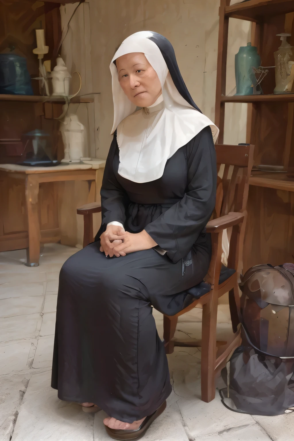 A wise and weathered nun with deep-set wrinkles, ((envejecida)), aged and experienced, silver hair peeking out from under her habit, cabello plateado, Head held high, eyes filled with wisdom, mirada sabia, wrinkles telling stories of a life well-lived. Dressed in traditional black and white attire, dressed in a black and white habit, her hands clasped in prayer, wrinkled hands clasped in prayer. A serene and peaceful expression on her face, Serene and calm expression, radiating kindness and compassion. The image captures her in a moment of contemplation, The image shows her in a moment of reflection, surrounded by the serenity of the