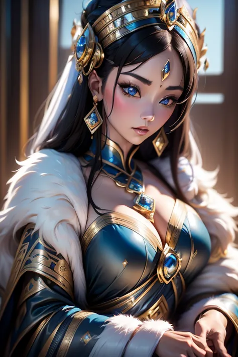 Woman (Costume Beauty 1.3) (Royal Sister,, Double Eyelids 1.2), Fur, Metallic, Very Detailed, Detailed Detail, Masterpiece, Redu...