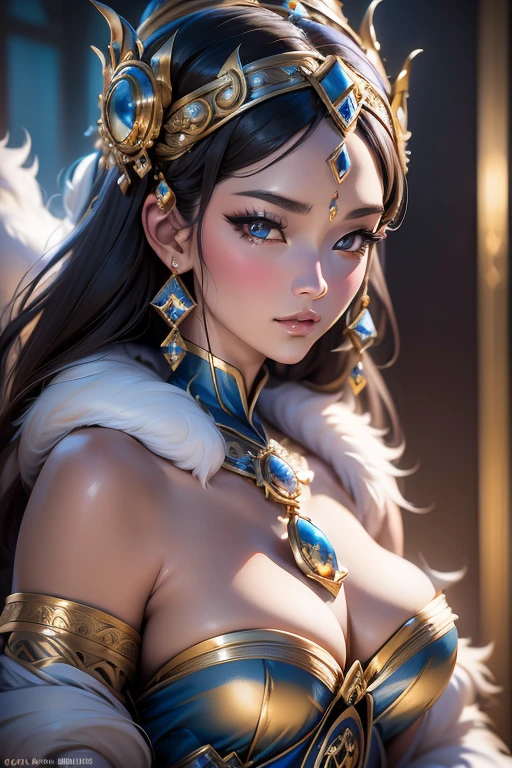 Woman (Costume Beauty 1.3) (Royal Sister,, Double Eyelids 1.2), Fur, Metallic, Very Detailed, Detailed Detail, Masterpiece, Reduced Contrast, Cinematic Light Effects,