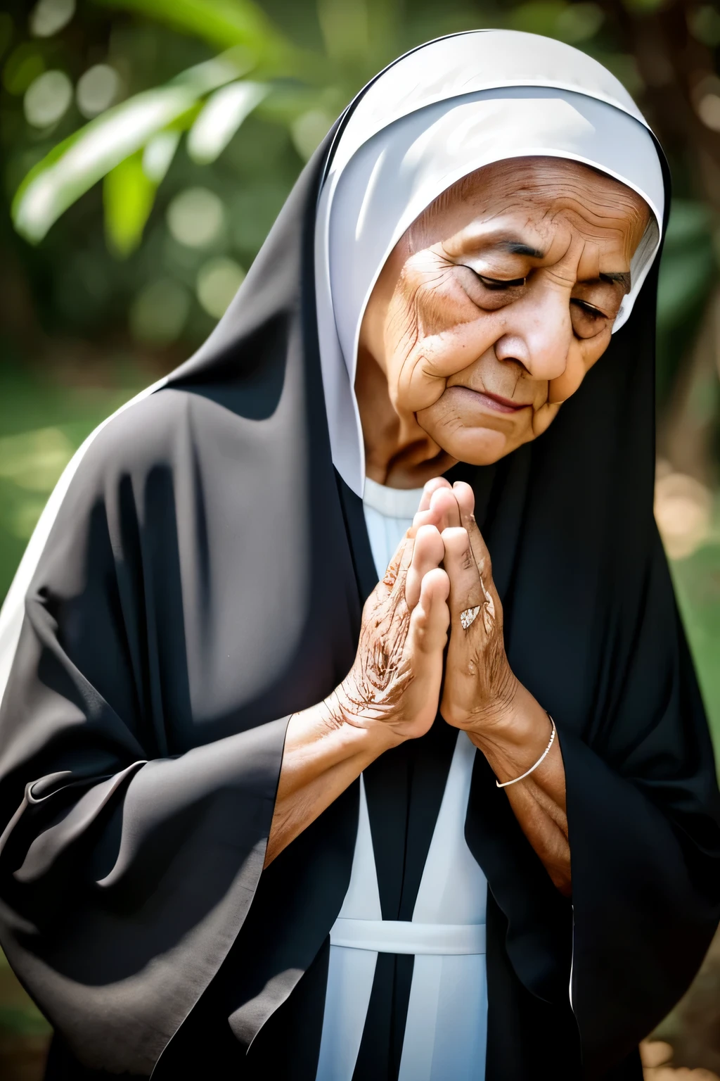 A wise and weathered nun with deep-set wrinkles, ((envejecida)), aged and experienced, silver hair peeking out from under her habit, cabello plateado, Head held high, eyes filled with wisdom, mirada sabia, wrinkles telling stories of a life well-lived. Dressed in traditional black and white attire, dressed in a black and white habit, her hands clasped in prayer, wrinkled hands clasped in prayer. A serene and peaceful expression on her face, Serene and calm expression, radiating kindness and compassion. The image captures her in a moment of contemplation, The image shows her in a moment of reflection, surrounded by the serenity of the