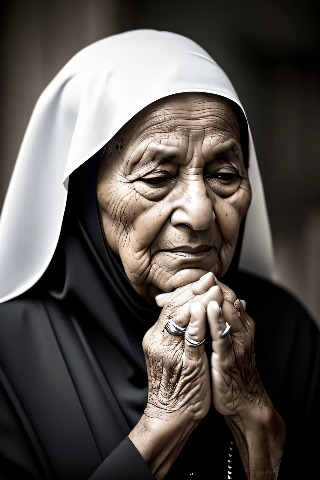 A wise and weathered nun with deep-set wrinkles, ((envejecida)), aged and experienced, silver hair peeking out from under her habit, cabello plateado, Head held high, eyes filled with wisdom, mirada sabia, wrinkles telling stories of a life well-lived. Dressed in traditional black and white attire, dressed in a black and white habit, her hands clasped in prayer, wrinkled hands clasped in prayer. A serene and peaceful expression on her face, Serene and calm expression, radiating kindness and compassion. The image captures her in a moment of contemplation, The image shows her in a moment of reflection, surrounded by the serenity of the